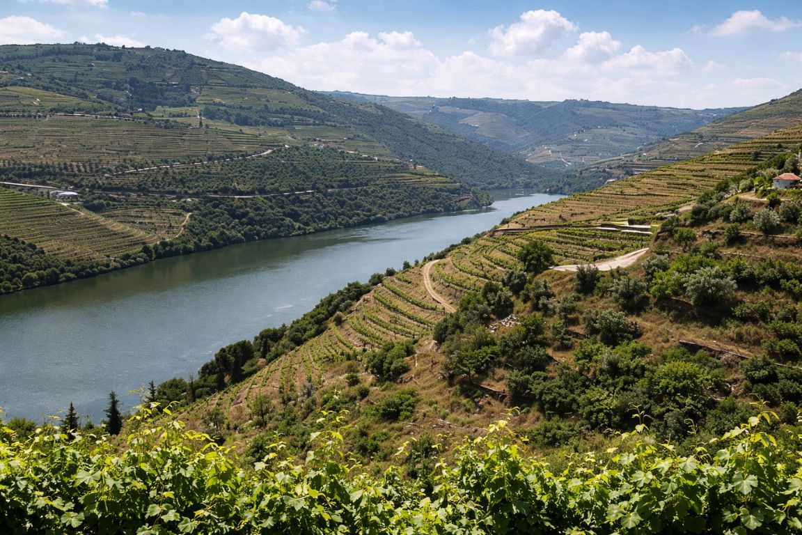 The Douro River winding between steep vineyard-covered hillsides in northern Portugal