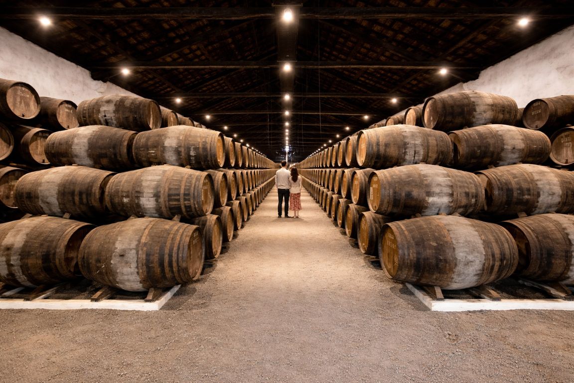 Rows of aging Port barrels stacked in the cool, dim cellars of a historic Gaia lodge