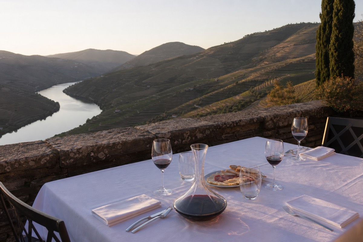 Private tasting table set with Port glasses at a Douro Valley quinta above terraced vineyards