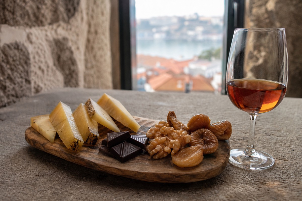 A board of blue cheese, dark chocolate and almonds set beside two glasses of Port