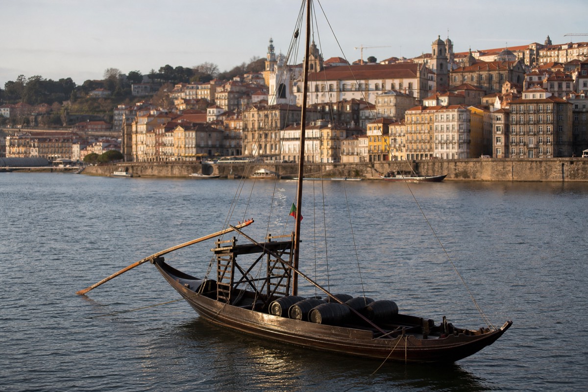 A traditional flat-bottomed rabelo boat with a single tall mast and stacked wine barrels on the Douro River