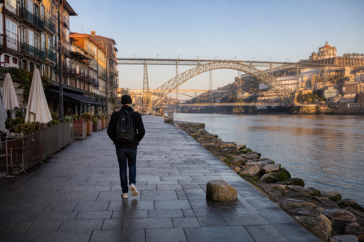 Solo traveller standing at the Gaia riverfront wall looking across the Douro toward Porto's Ribeira district