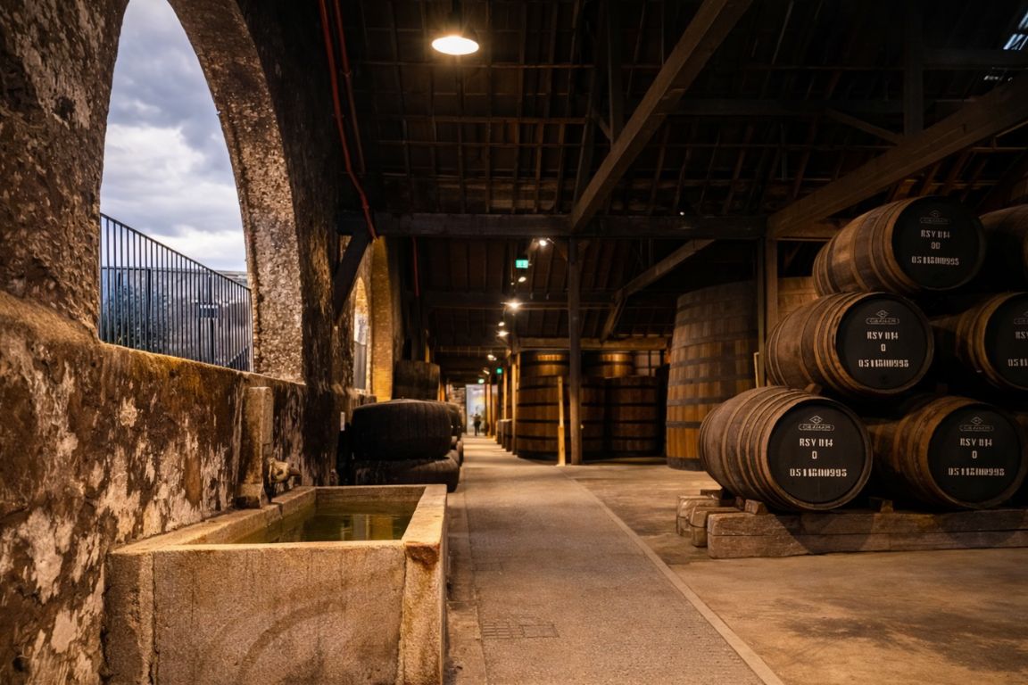 Barrel storage hall inside Graham’s Port Lodge in Porto during a guided Porto Wine Tours experience