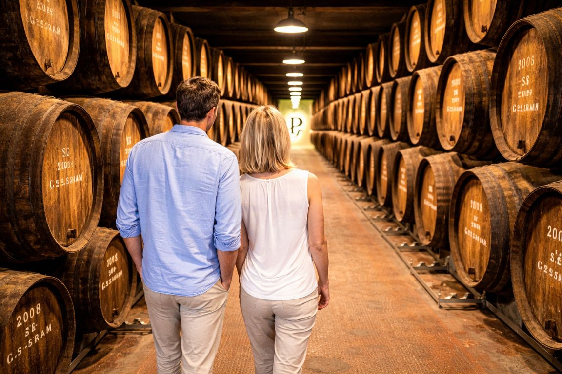 Couple walking through Pocas wine cellar in Porto surrounded by aging barrels during Porto Wine Tours experience