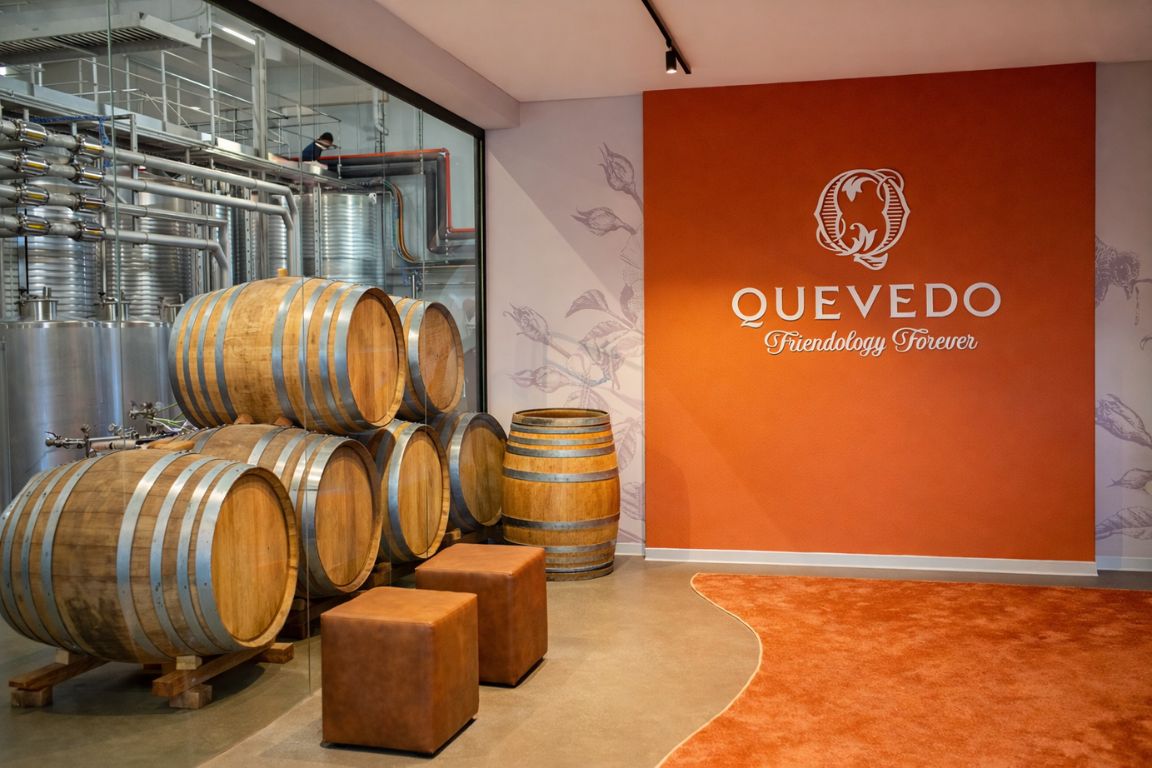 Quevedo wine cellar in Porto with oak barrels and modern production area captured during Porto Wine Tours experience