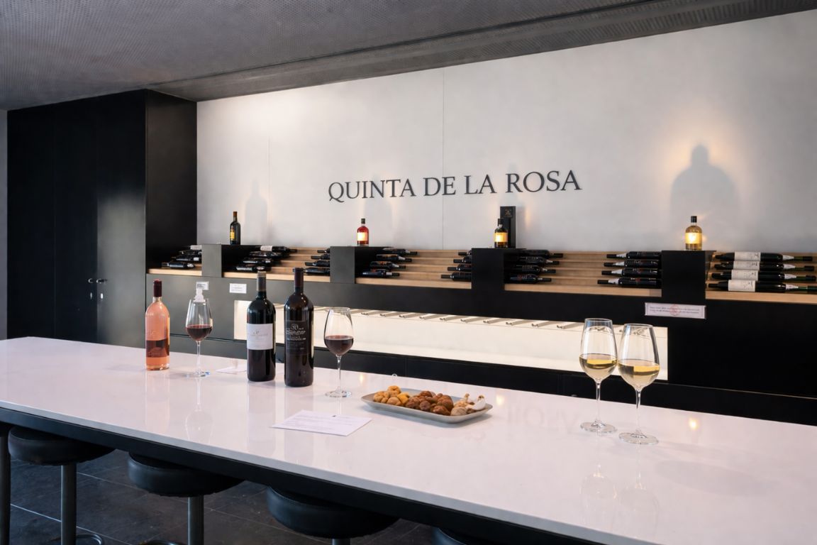 Quinta de la Rosa winery tasting room in Porto with wine glasses and bottles during Porto Wine Tours experience
