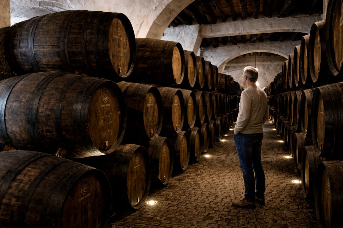 Ramos Pinto winery cellar in Porto with rows of aging barrels and visitor captured during Porto Wine Tours experience