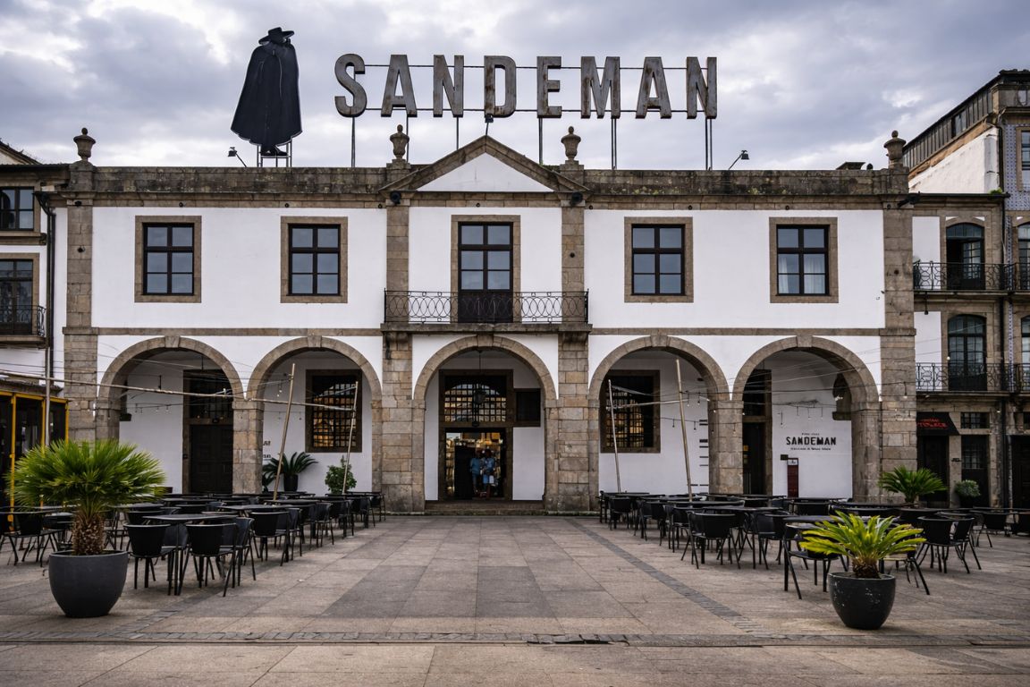 Entrance to Sandeman cellars in Porto featuring traditional architecture photographed during Porto Wine Tours tour